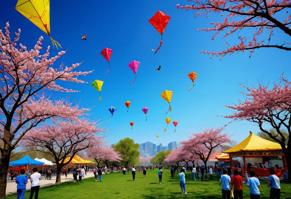 A colorful scene of a traditional Chinese kite festival, with vibrant kites soaring high in a clear blue sky. Include a diverse group of people of various ages joyfully crafting their kites, surrounded by intricate patterns and cultural symbols. Add beautiful cherry blossom trees in the background to enhance the festive atmosphere. Capture the essence of joy and craftsmanship in this lively setting. super-realistic. vibrant colors. 3D.