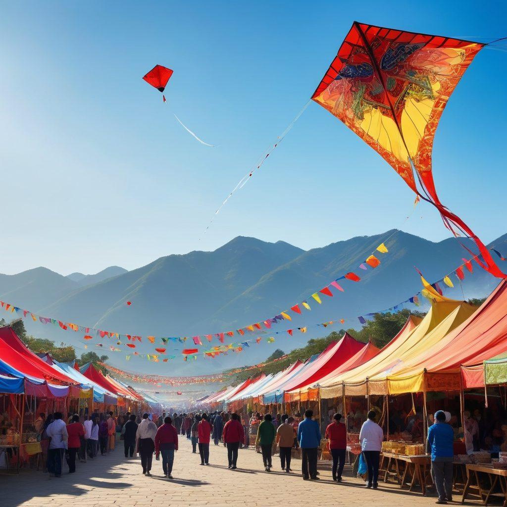 A vibrant scene of a Chinese kite festival, showcasing colorful kites soaring high against a clear blue sky. The foreground features a diverse group of people of all ages, joyfully crafting traditional kites, adorned with intricate patterns. Surrounding them are stalls with festive decorations and snacks, highlighting the rich culture and community spirit. In the background, majestic mountains add a serene touch to the lively atmosphere. super-realistic. vibrant colors. dynamic composition.