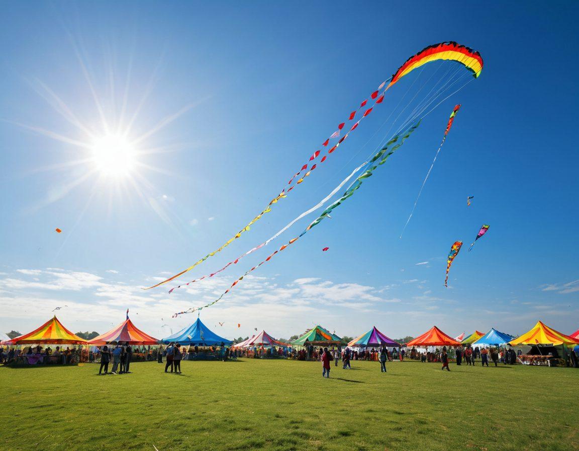 A vibrant kite festival scene featuring colorful kites soaring against a blue sky. Capture a diverse group of people, including families and friends, happily flying kites on a grassy field adorned with traditional patterns and symbols. In the background, include festive decorations and a hint of cultural heritage through banners and stalls. Sunlight streaming down to enhance the joyous atmosphere. super-realistic. vibrant colors. 3D.
